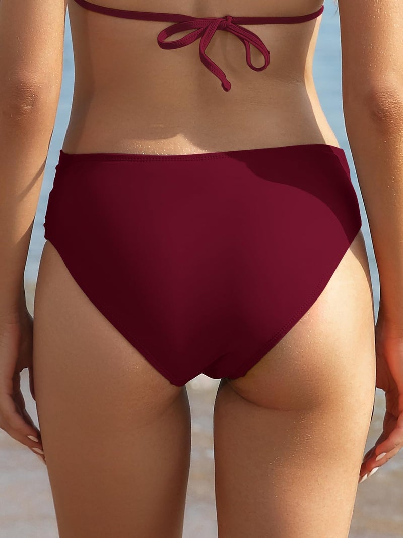 SHEKINI Women's Cheeky Swimsuit Twist Front Bikini Bottoms Ruched Swim Bottoms (Wine Red, Medium) - Image 2